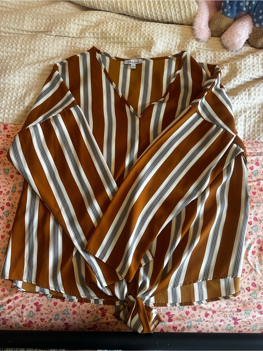 white birch Brown, White & Black Striped Tie-Front V-Neck Blouse